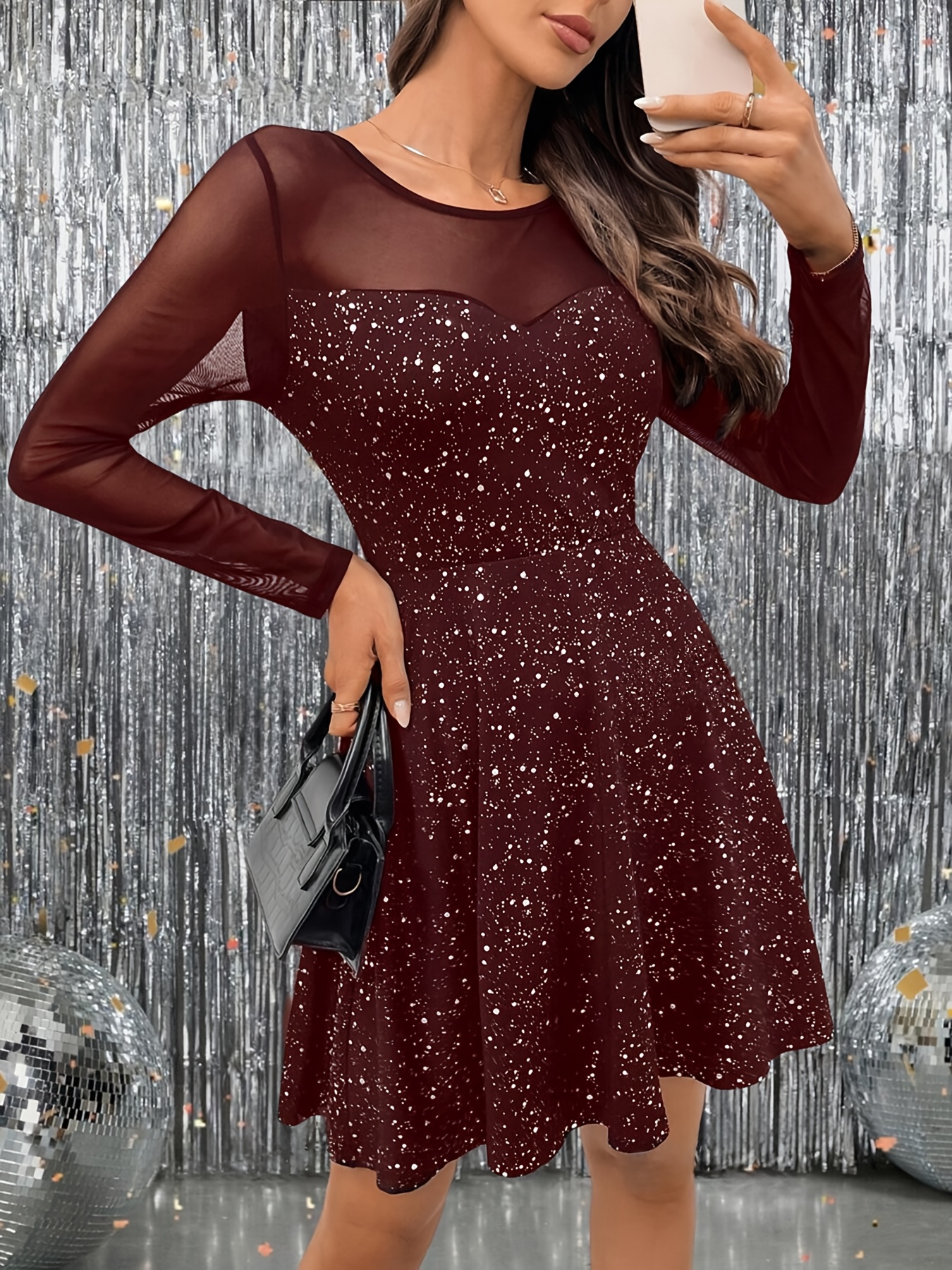 knee length dresses for ladies Berylove Women V Neck Long Sleeve Sequin Black Silver Mother of The Bride Dress A Line Satin Maxi Wedding Guest Dress, Satin Color / US4 main image 1