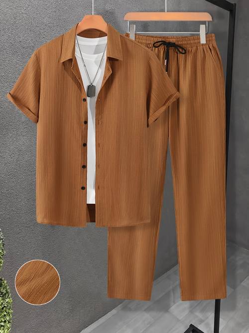 2025 mens woven textured fabric casual short sleeve shirt and drawstring loose long pants 2pcs set