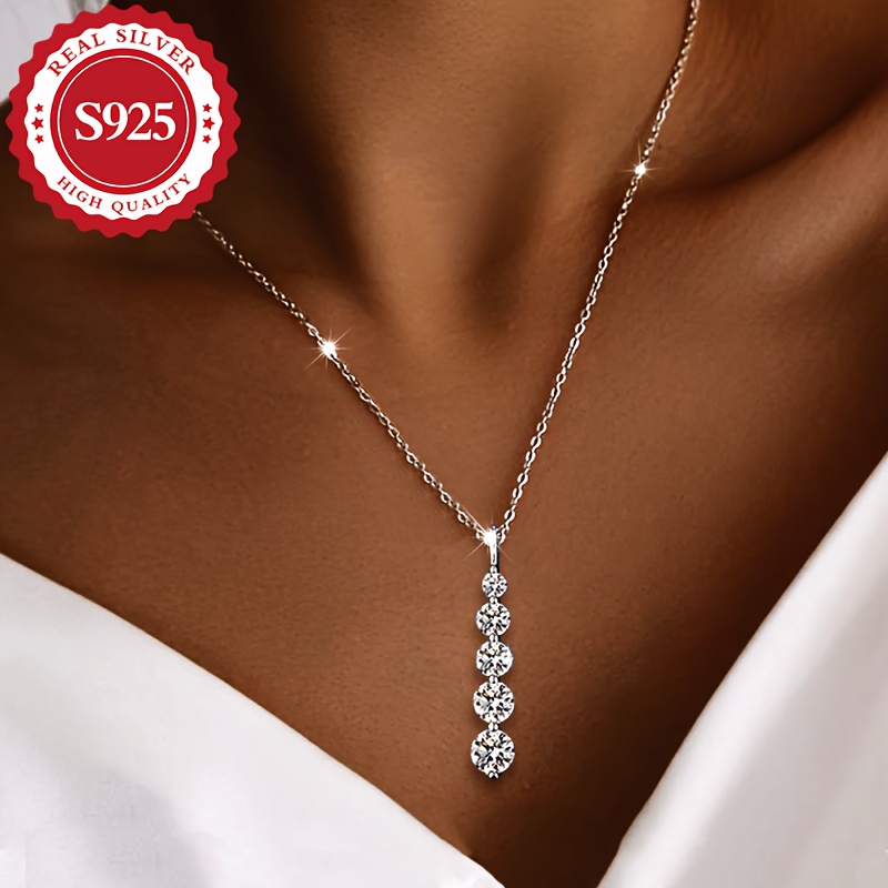 

S925 Sterling Silver Elegant Classic French-style Pendant Necklace With 5 Sparkling Synthetic Zirconia Drops For Women - Perfect For Daily Wear & Festive Celebrations