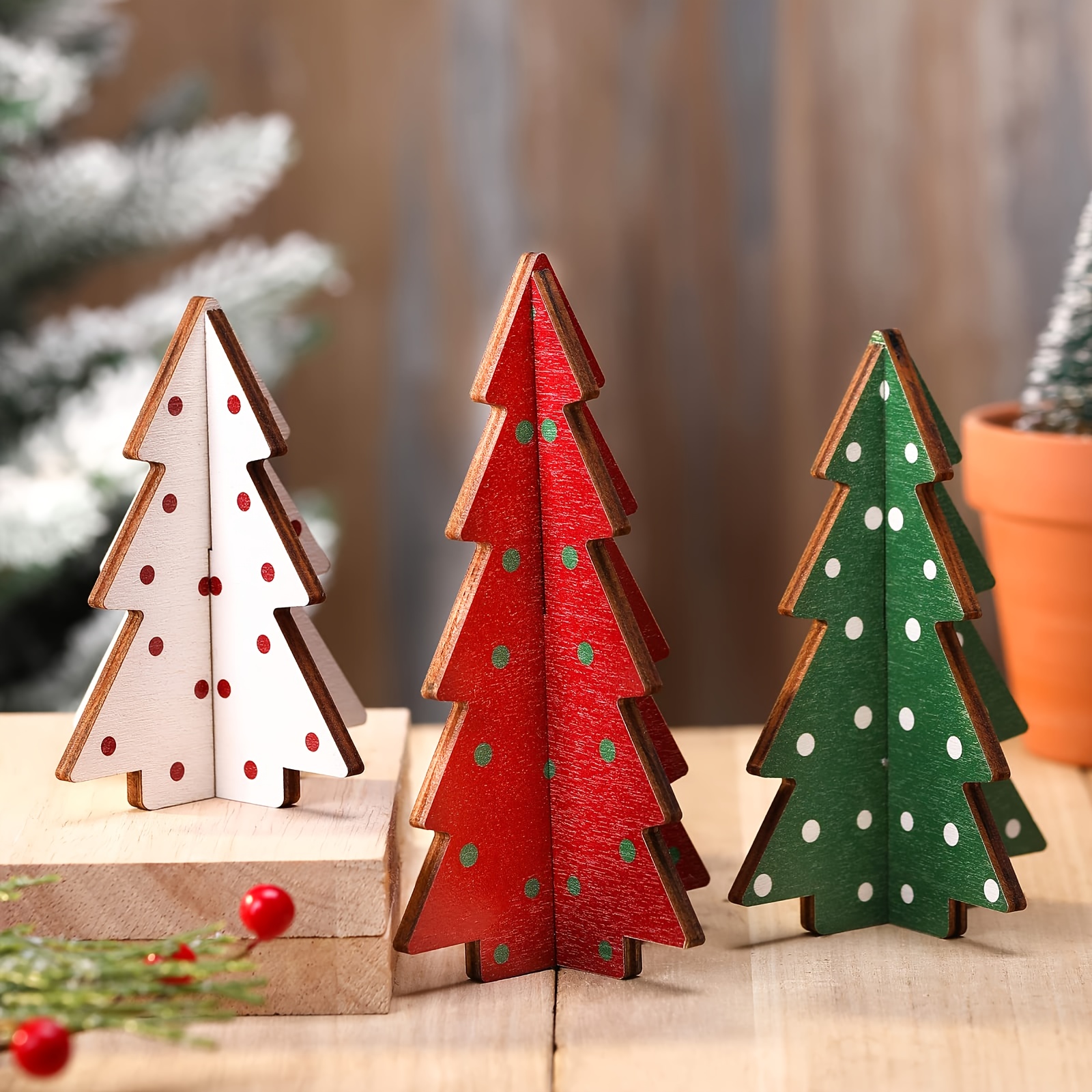 TEMU 3 Christmas Tiered Tray Decorations, Rustic Wooden Red And Green Christmas Tree Polka Dot Signs, Christmas Tree Decorations, Suitable For Coffee