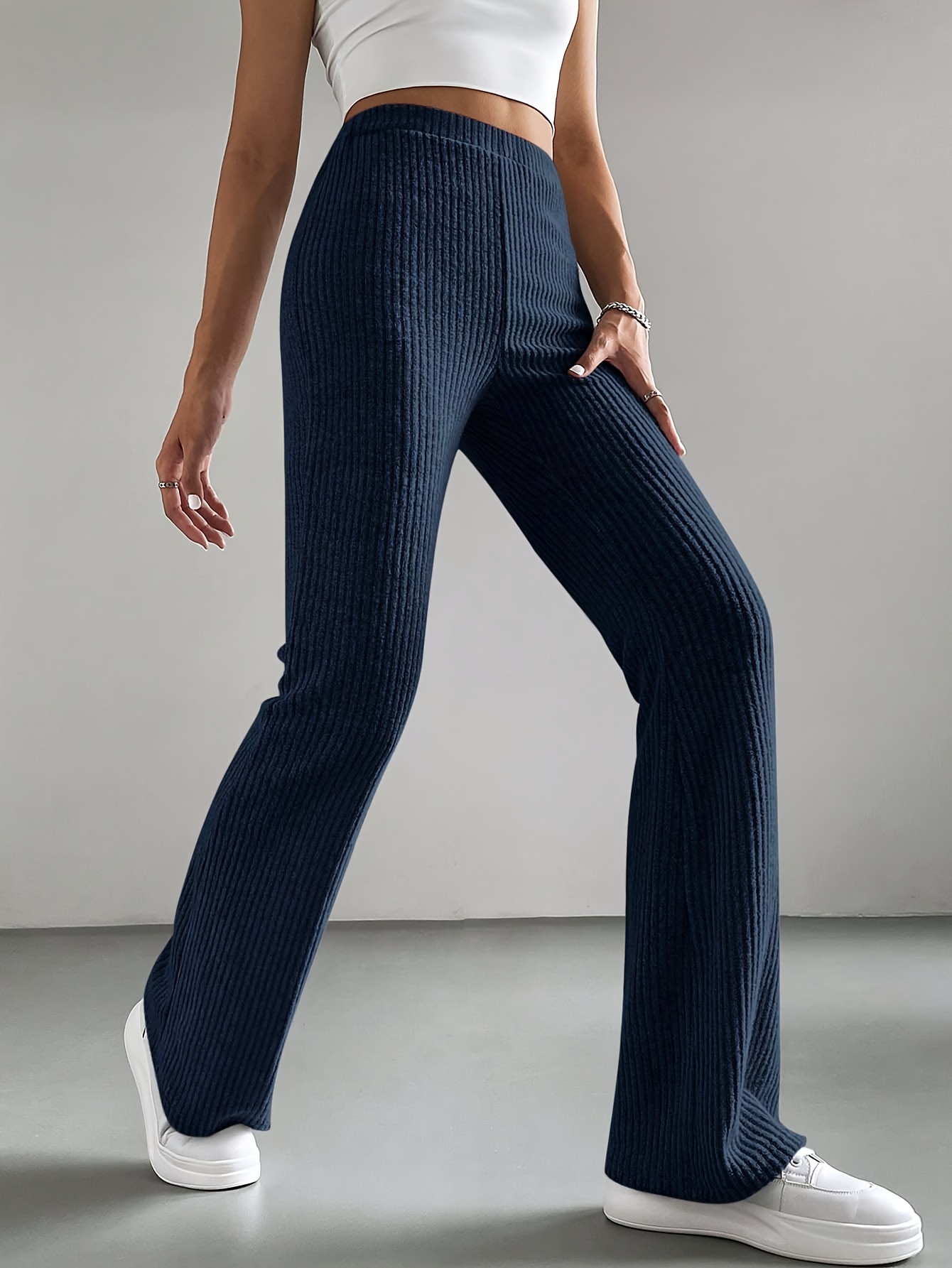 Womens Autumn Winter Long Pants Elastic Waist High Waisted