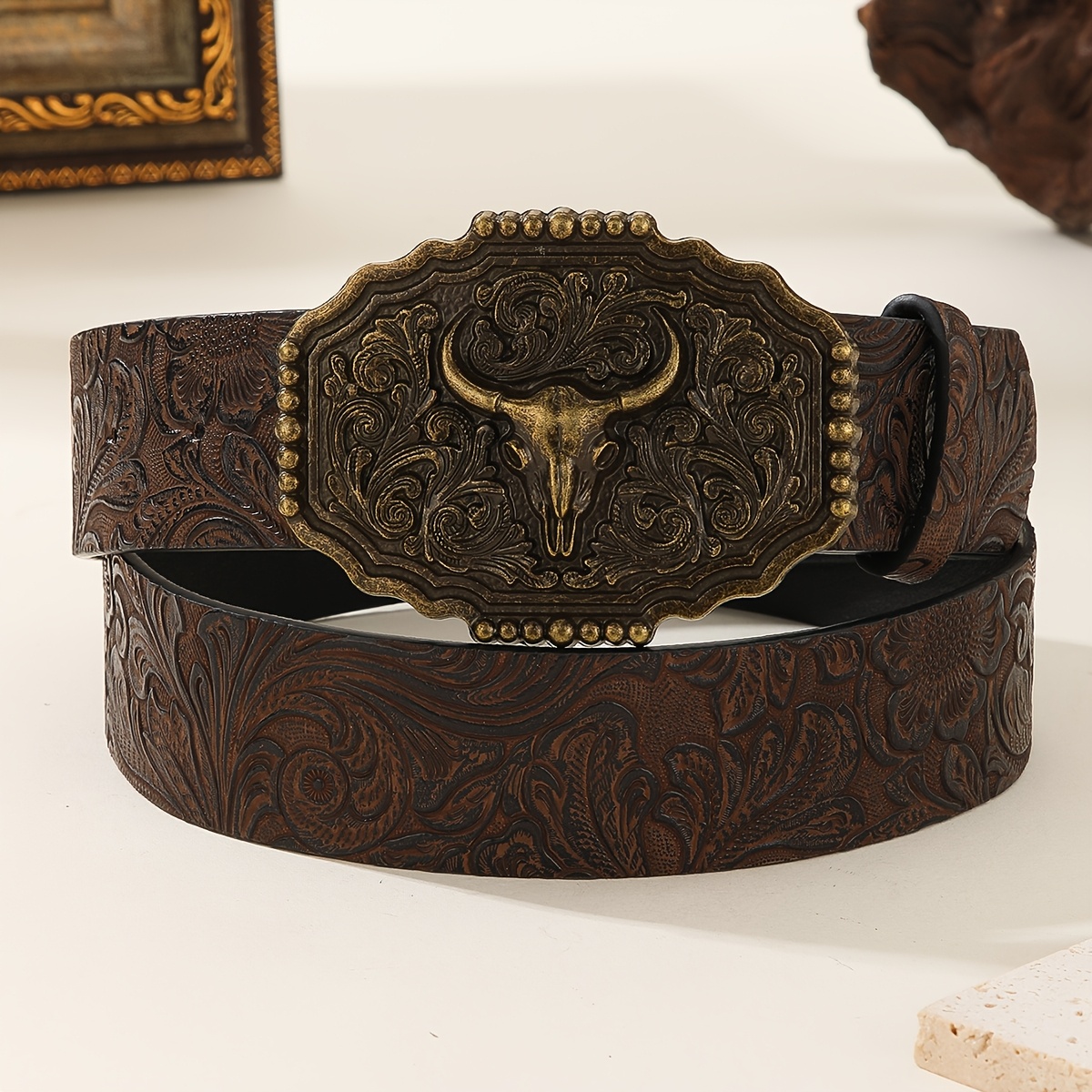 TEMU 1pc Fashionable Western Cowboy Head Large Pu Embossed Decorative Belt