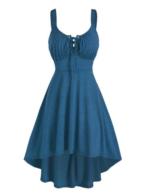 vintage inspired tie front a line dress with eyelet detailing high low hem for home or vacation solid color polyester wear vintage a line dress polyester