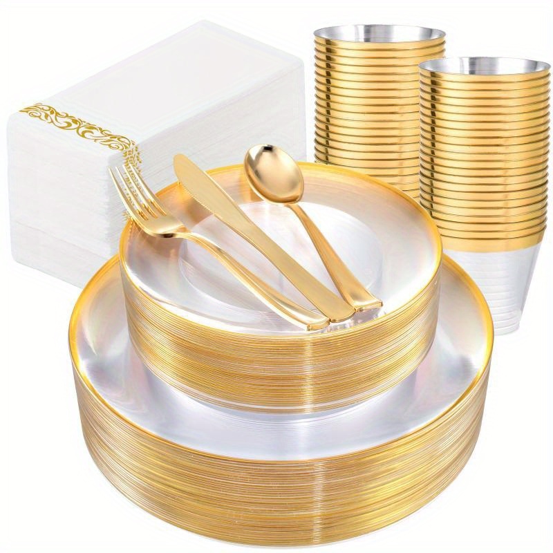 WDF 50Guest Golden Plastic Plates - Disposable White And Golden/Silver Plastic Plates Including 100 Large And Small Dinner Plates, 150 Golden/Silver Plastic Knife, Fork And Spoon, 50 Cups, 50 Napkins, Perfect for Weddings And Parties