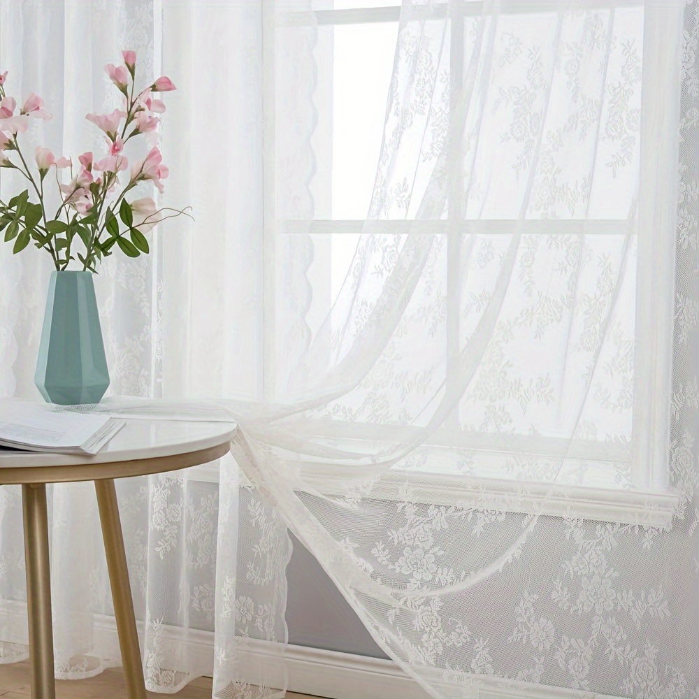 TEMU 2pcs Rideaux de poche en dentelle blanche avec floraux, style bohème, semi-transparent, ombrage pour toutes , décoration intérieure, élégant