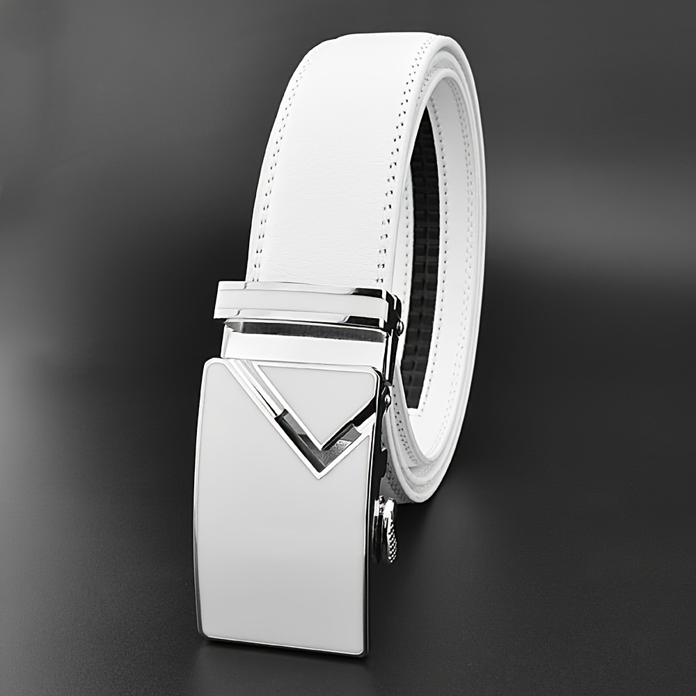 TEMU Stylish Men's Genuine Leather Belt With Automatic Alloy Buckle - White