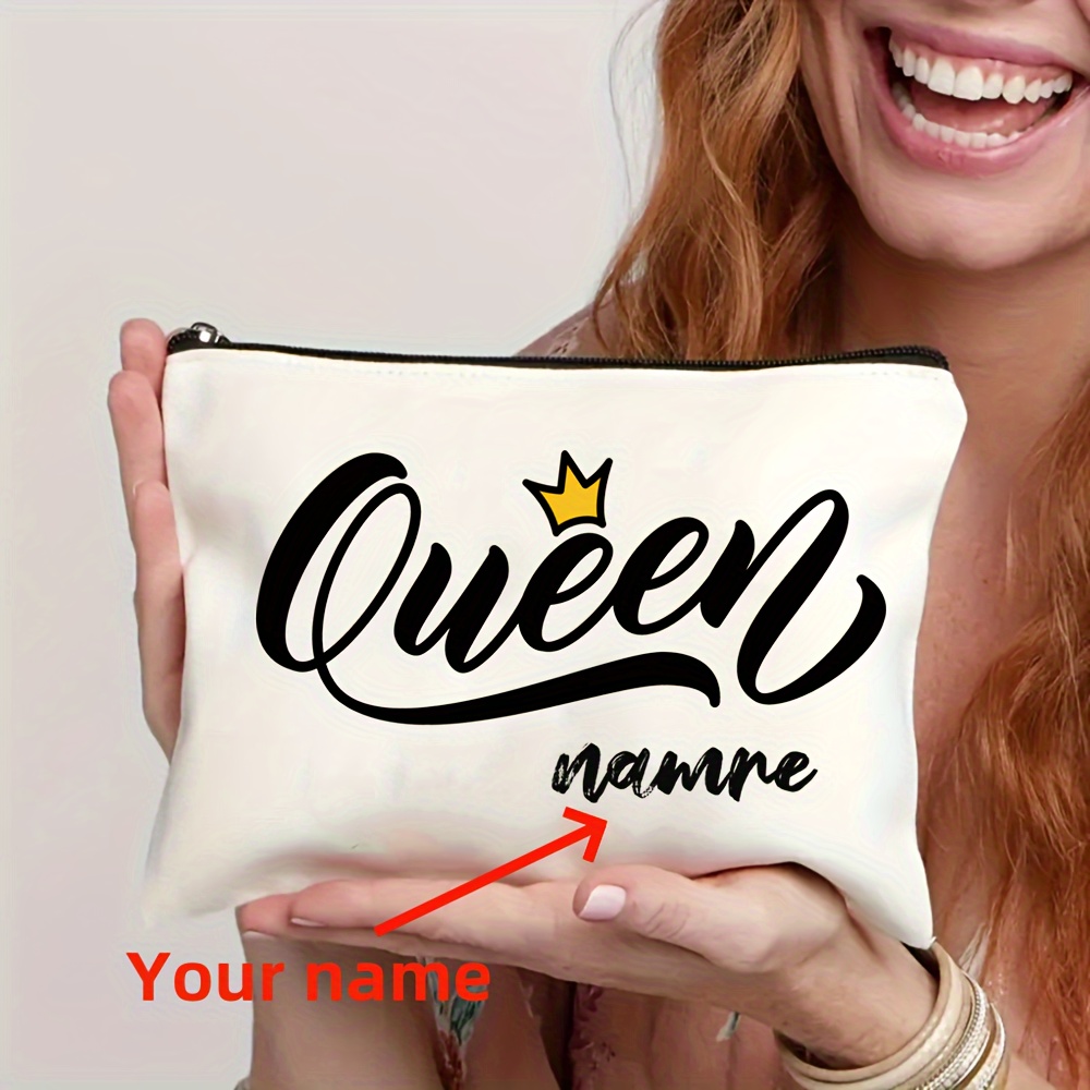 

Customizable Queen Crown Personalized Name Print Large Capacity Canvas Zipper Cosmetic Bag For Women - Travel Toiletry Pouch, Pencil Case, Gift Bag - Multipurpose Organizer, Non-waterproof, Beige