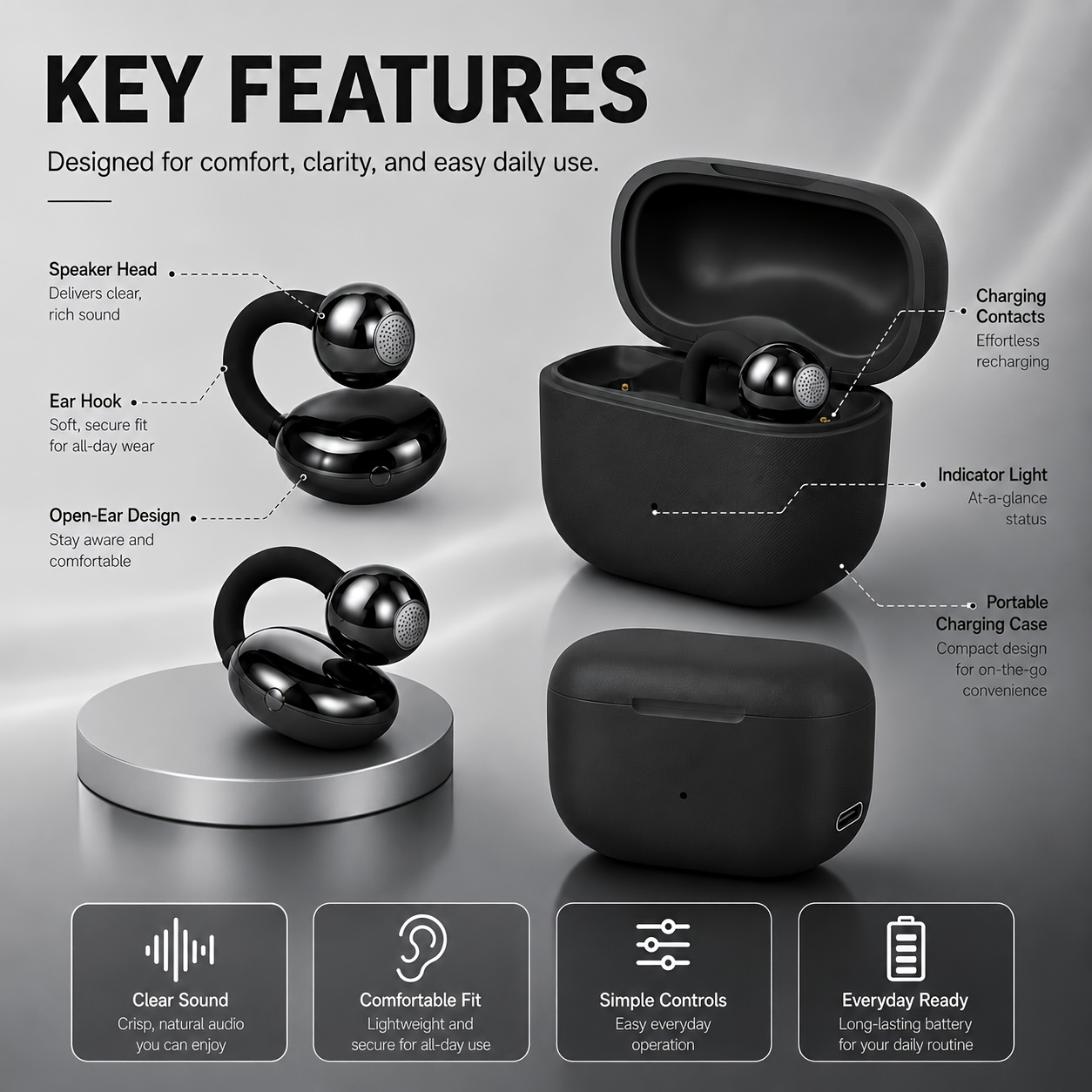open ear rechargeable sound amplifier   with portable charging box light and comfortable ear hook design convenient control compact personal listening equipment suitable for daily indoor and outdoor use black and white Product details 3
