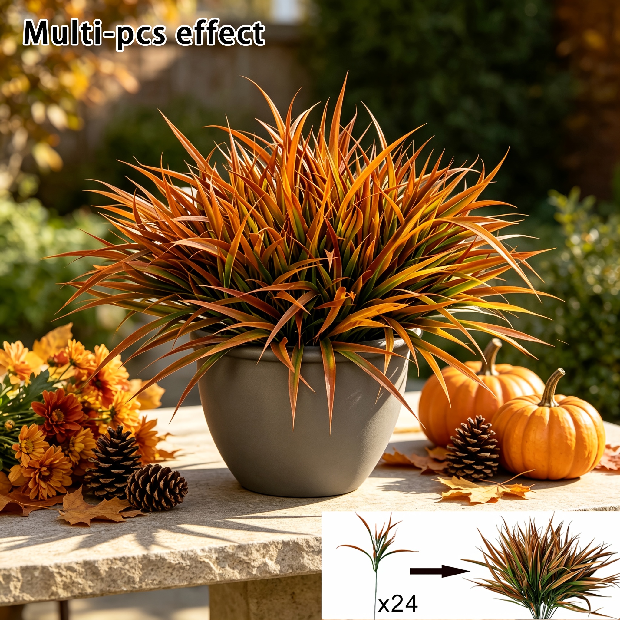 TEMU 24pcs Artificial Fall Lawn Plants, Uv-resistant Faux Autumn Orange Grass Shrub Plants, Artificial Plastic Greenery Branches, Suitable For