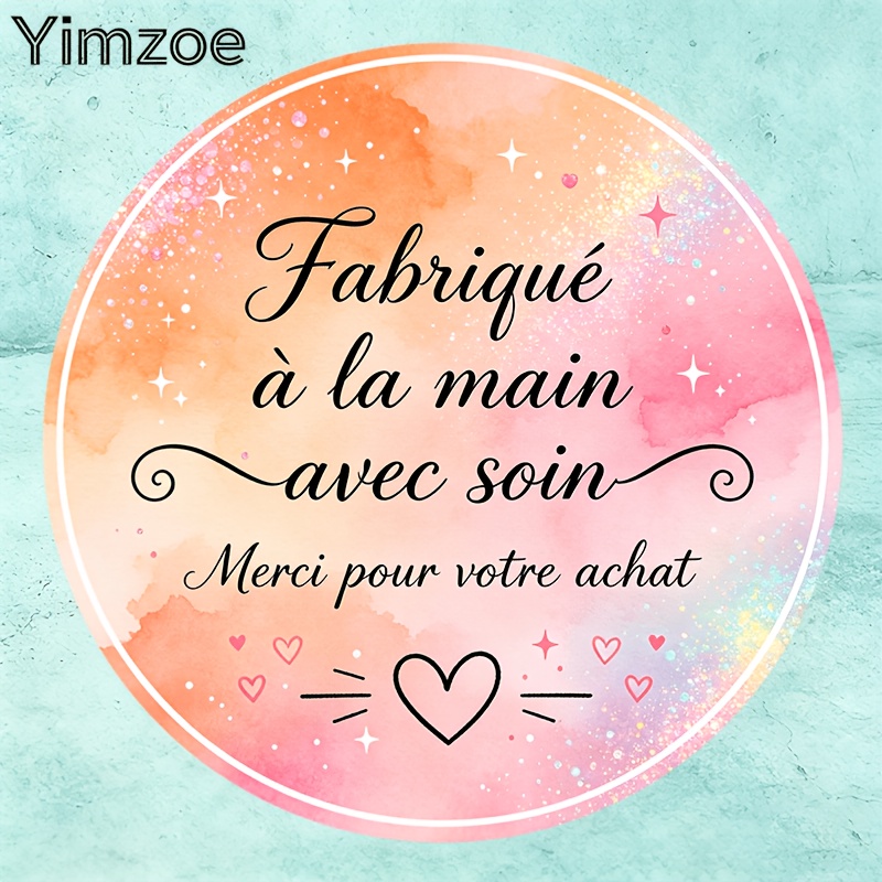 TEMU Autocollants ronds faits à Yimzoe - avec "Fabriqué À Avec Soin, Pour Votre Achat", motif aquarelle cœur à paillettes orange-rose, parfaits pour