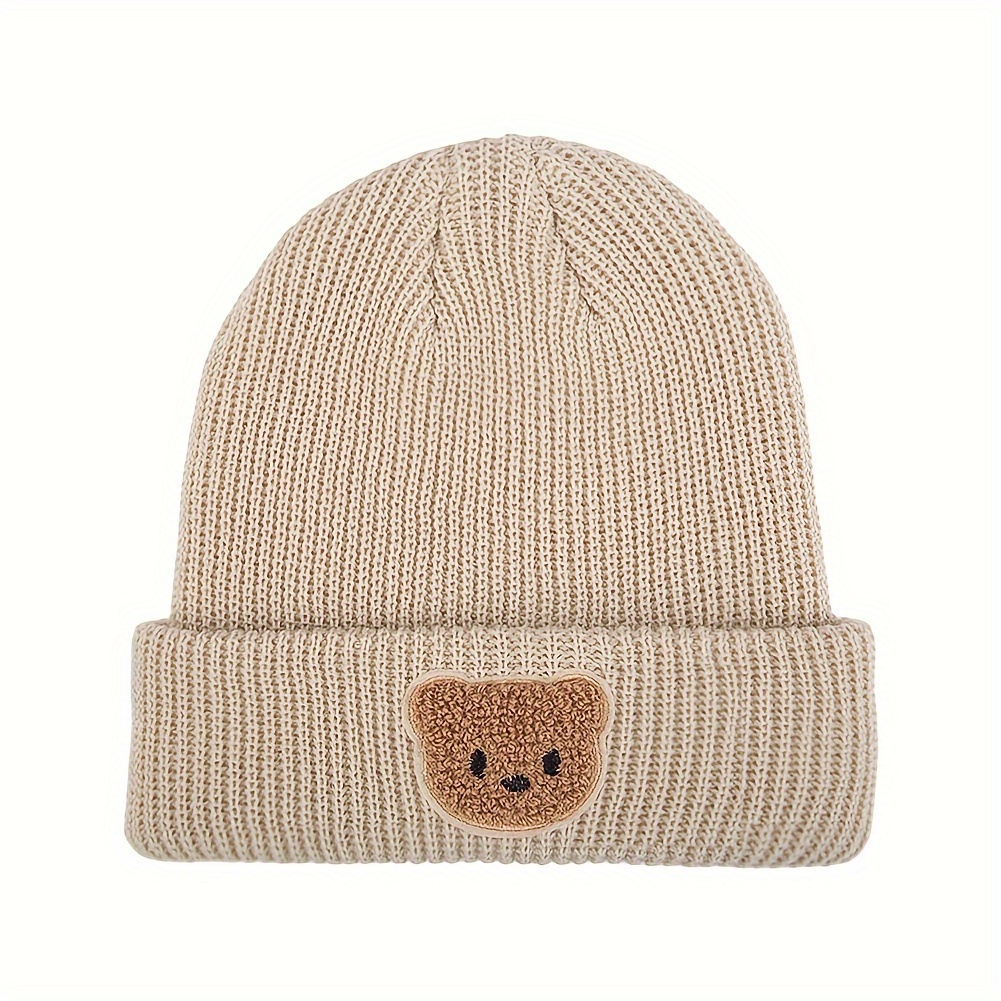 Image of 1pc, New Knitted Yarn Pullover Hat, Autumn And Winter Double-layer Warm Head Protection Hat, Embroidered Cute Little Bear Not Easy To Fall Off, Knit Beanie Hats Bear Hats Kids Caps