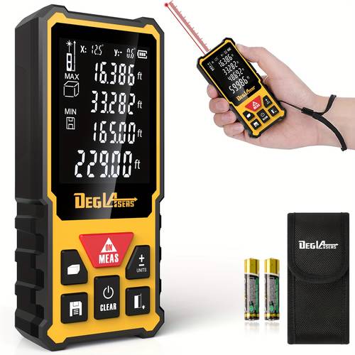 328ft digital laser distance meter with dual angle display meters inches feet unit switching pythagorean mode for measuring distances areas battery powered non waterproof