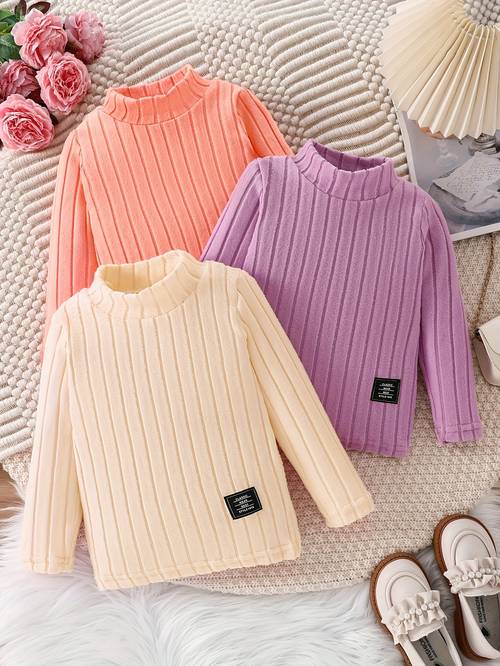 3pcs of girls casual comfortable solid color striped long sleeved tops girls spring summer and autumn three piece set
