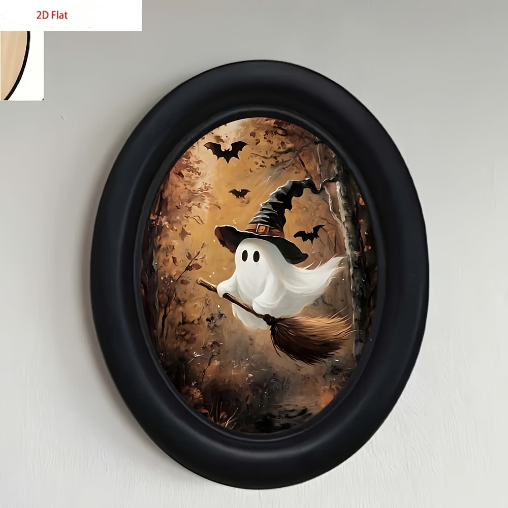 TEMU 1pc, 2d Flat Retro Gothic Victorian Style Wall Decor - Halloween Little Riding Broom Home Decoration, Oval Wooden Decorative Sign, Photo
