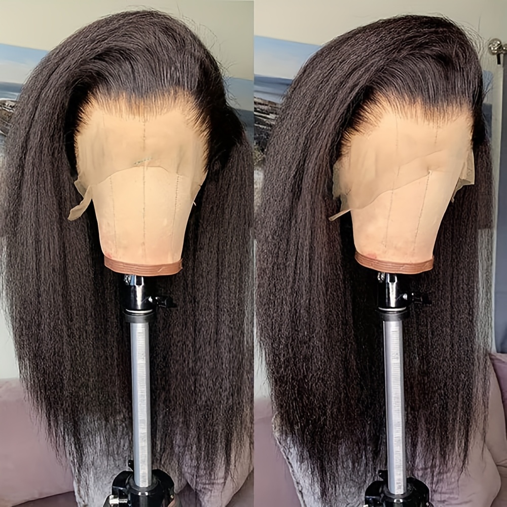 TEMU 28 Inch Kinky Straight Lace Front Wig Kinky Straight 13x4 Hd Lace Front Wigs200% Density Hair Natural Black Lace Frontal Wigs For
