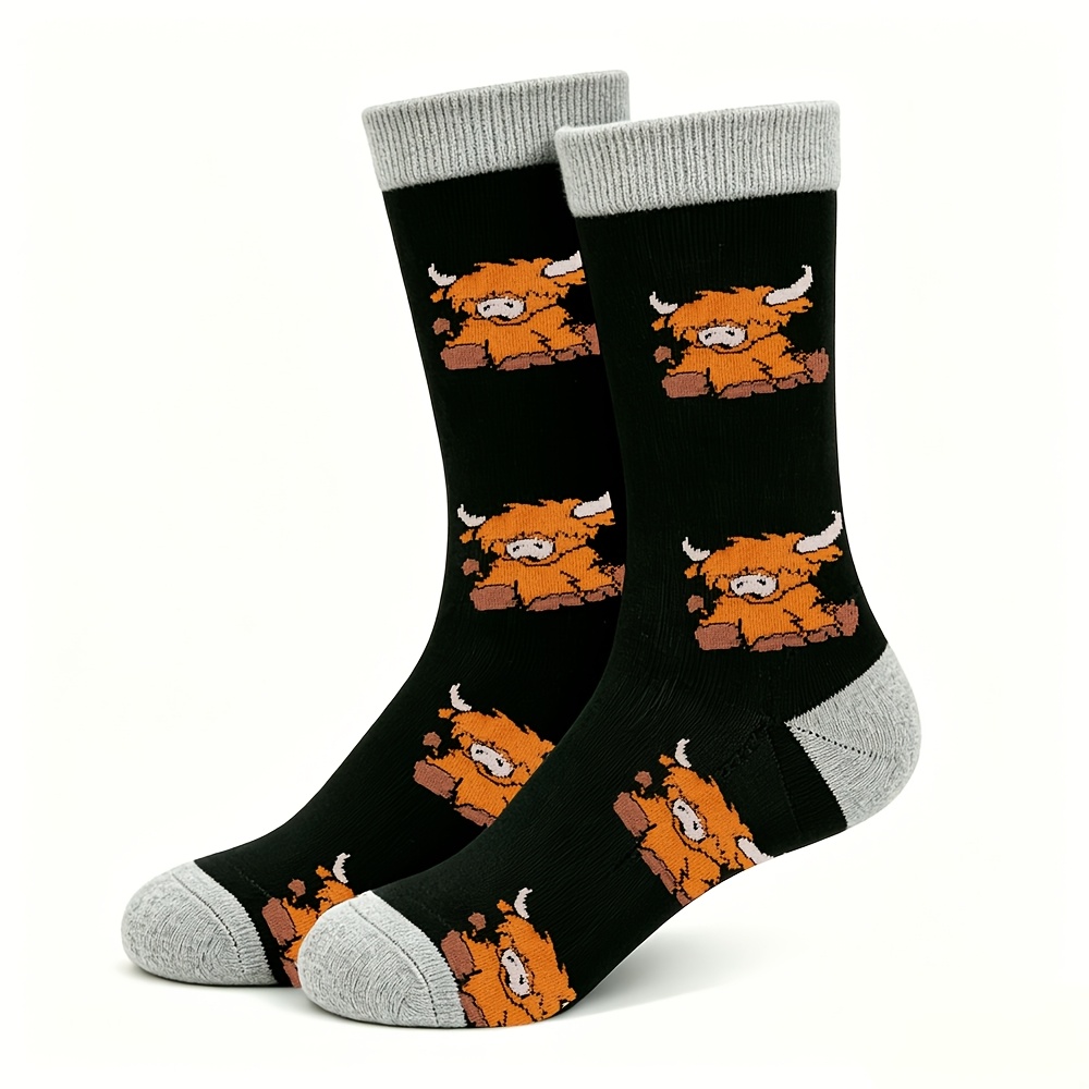 TEMU 1 Pair Of Novelty Patterned Highland Cow Calf Socks, Holiday Gift Socks For Men And Women