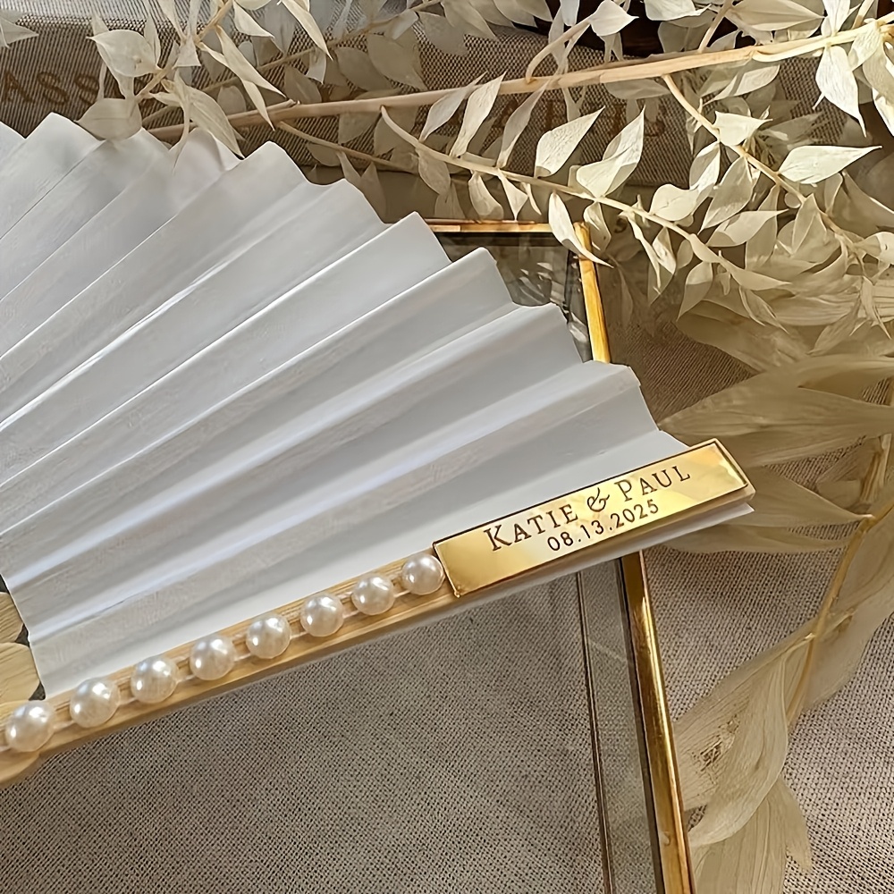 TEMU Custom Folding Hand Fan With Personalized Engraving And Elegant Ribbon Decoration - Ideal For Wedding Favors, Brides, Birthdays, And Corporate