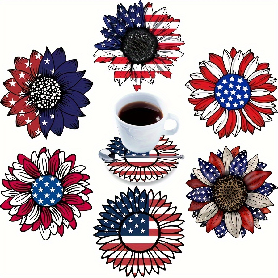 TEMU 6pcs Sunflower American Flag Trivets Set, Manufactured Wood Heat-resistant Non-slip Coasters For Kitchen, Home Decor, And Gift Accessories - Synthesis Material Trivet & Underliner Set