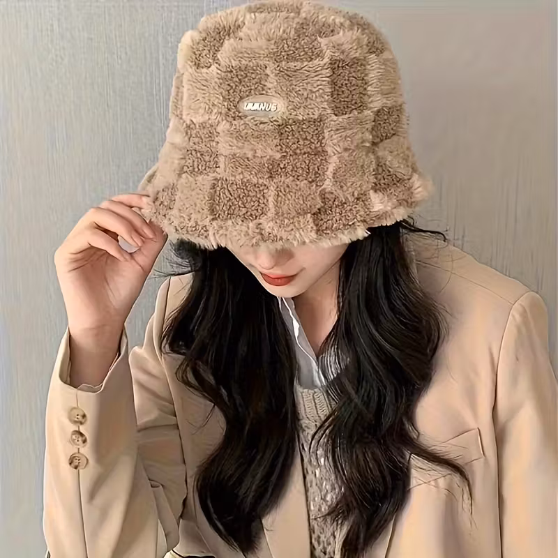 thickened and flannel style unisex trendy versatile sunshade bucket hat with plaid pattern sun hat for christmas new year gift Product details 2