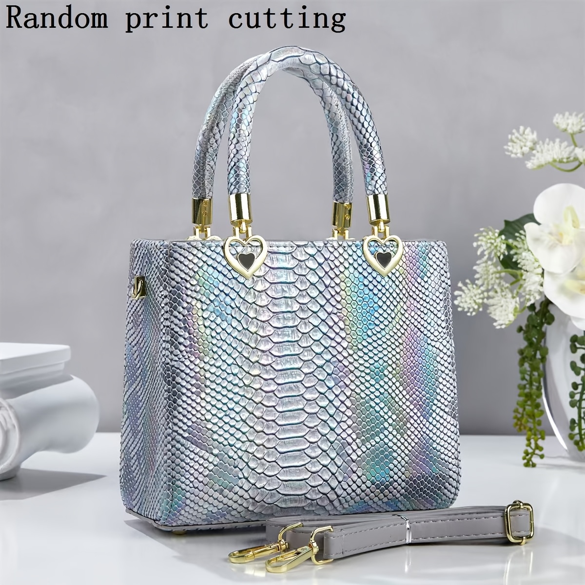 TEMU 2026 New Luxury Holographic Snake Pattern Handbags For Women, Optional Heart Decor Tote Bag, Large Capacity Versatile Shoulder Crossbody Bag,