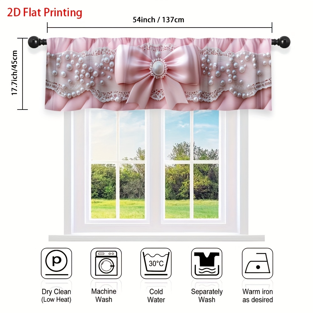 TEMU 2d Flat, 1pc Pink Lace Pearl Bow Valance Curtain With Pearl- Trim - Semi-sheer Window Valance Panel, Rod , Machine Washable Fabric For Bedroom,