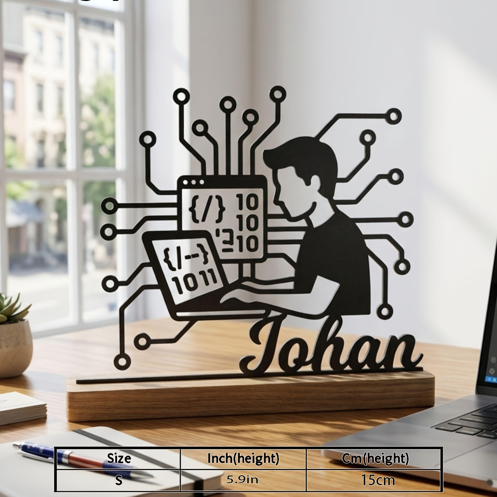 TEMU Collectible Doll Shape 1pc Personalized Programmer Metal Sign Custom Desktop Decoration With Wooden Technology Decoration Gift Suitable For