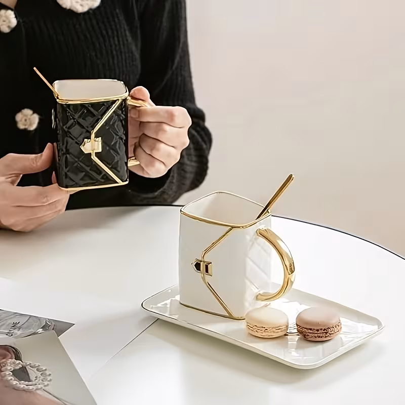 1 bag shaped dessert ceramic cup with spoon and saucer set breakfast coffee mug and plate set handheld for office home coffee tea hot chocolate and latte Product details 6