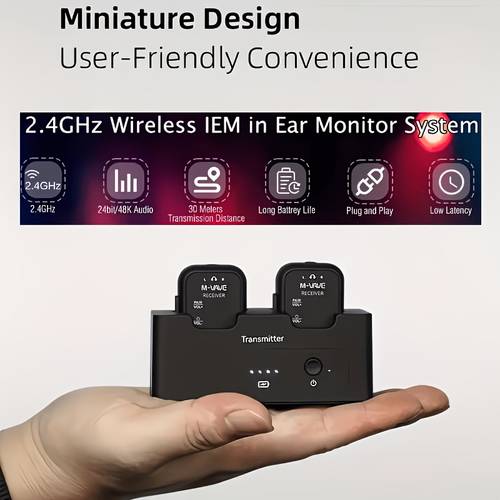 m sws12 2 4ghz wireless in ear monitoring system rechargeable transmitter and two receivers with volume control mute feature automatic pairing low latency to many 2 4g stereo iem system for use church services