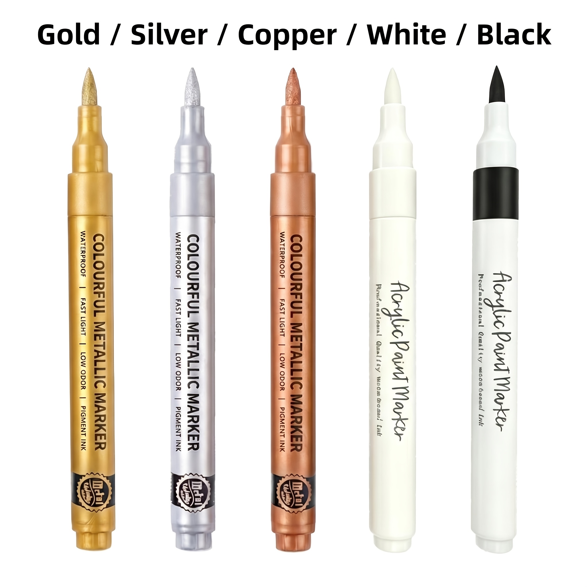 Image of 5pcs Marker Set – 3 Markers With Metallic-color Ink + 2 Black And White Acrylic Paint Pens, Waterproof And Quick-drying, Ideal For Arts And Crafts, Rock Painting, And Scrapbooking