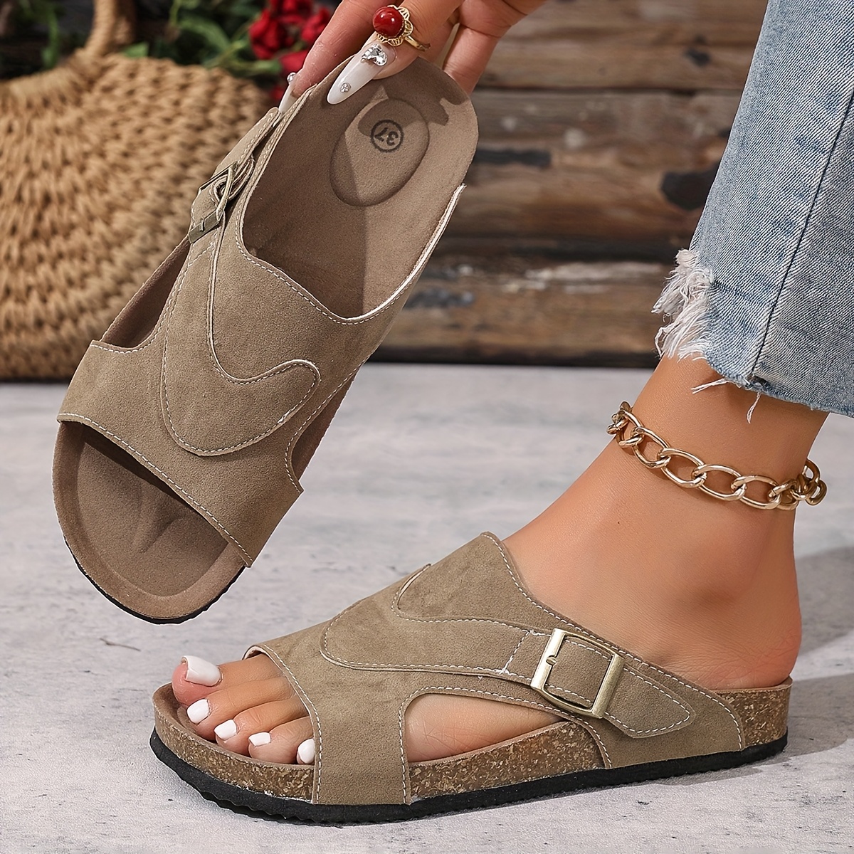 unisex cork slide sandals thick sole non slip durable summer   with adjustable   strap open toe design for indoor outdoor use slipresistant footwear decorative chain detail fabric insole strappy sandals details 1
