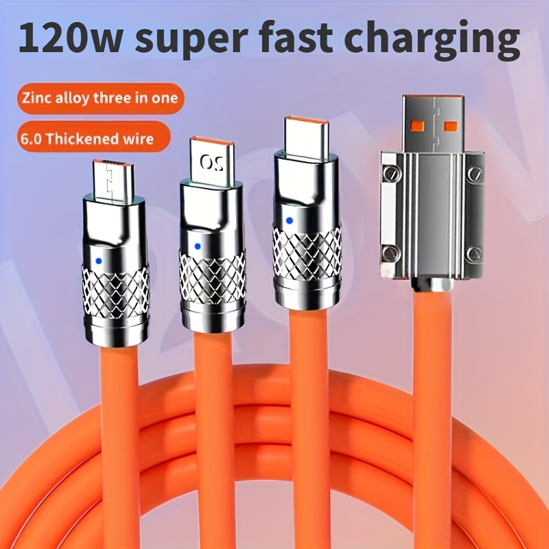 

3-in-1 Multi-charging Cable, 120w Super Fast Charge, 47.24in Liquid Silicone Data Cord, Zinc Alloy, Compatible With /type-c/android, Universal Car Charging Accessory, Orange