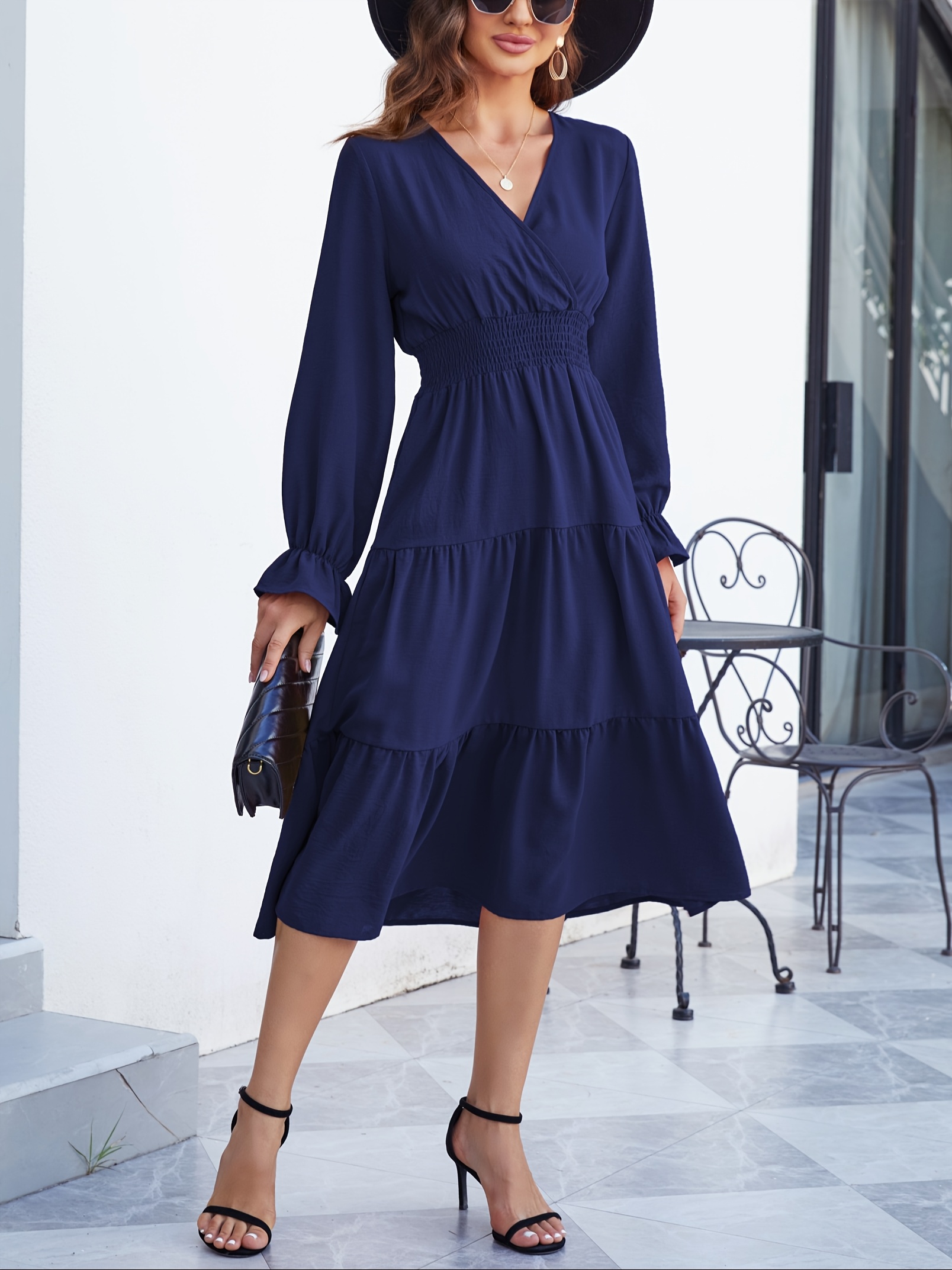 Women's Long Sleeve Midi Dress - High Waist Smocked Tiered Casual Dress