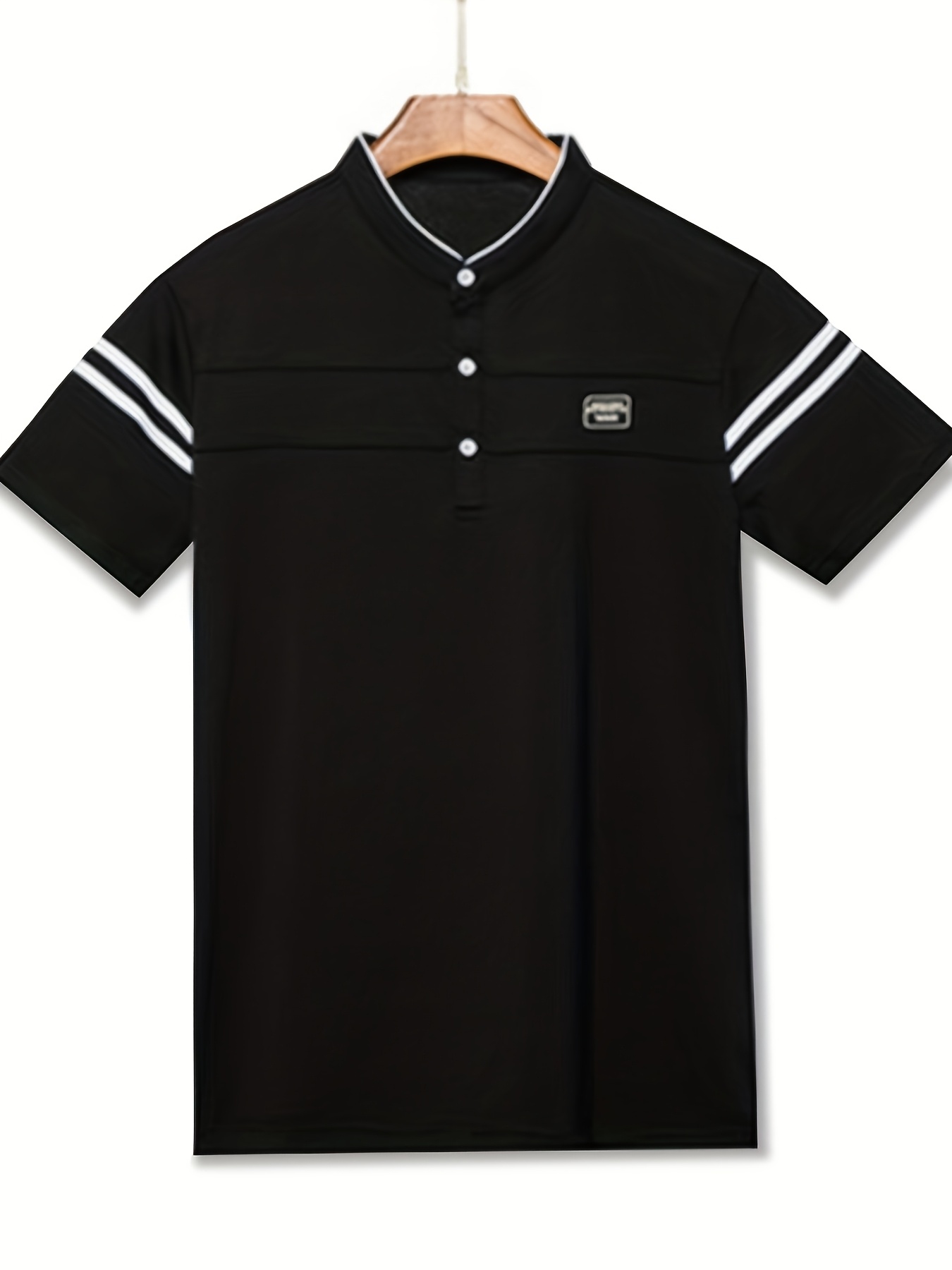 Summer Men's T-Shirt, Solid Color Stand Collar Striped Short Sleeve Shirt, Suitable for Sports, Outdoor, Casual