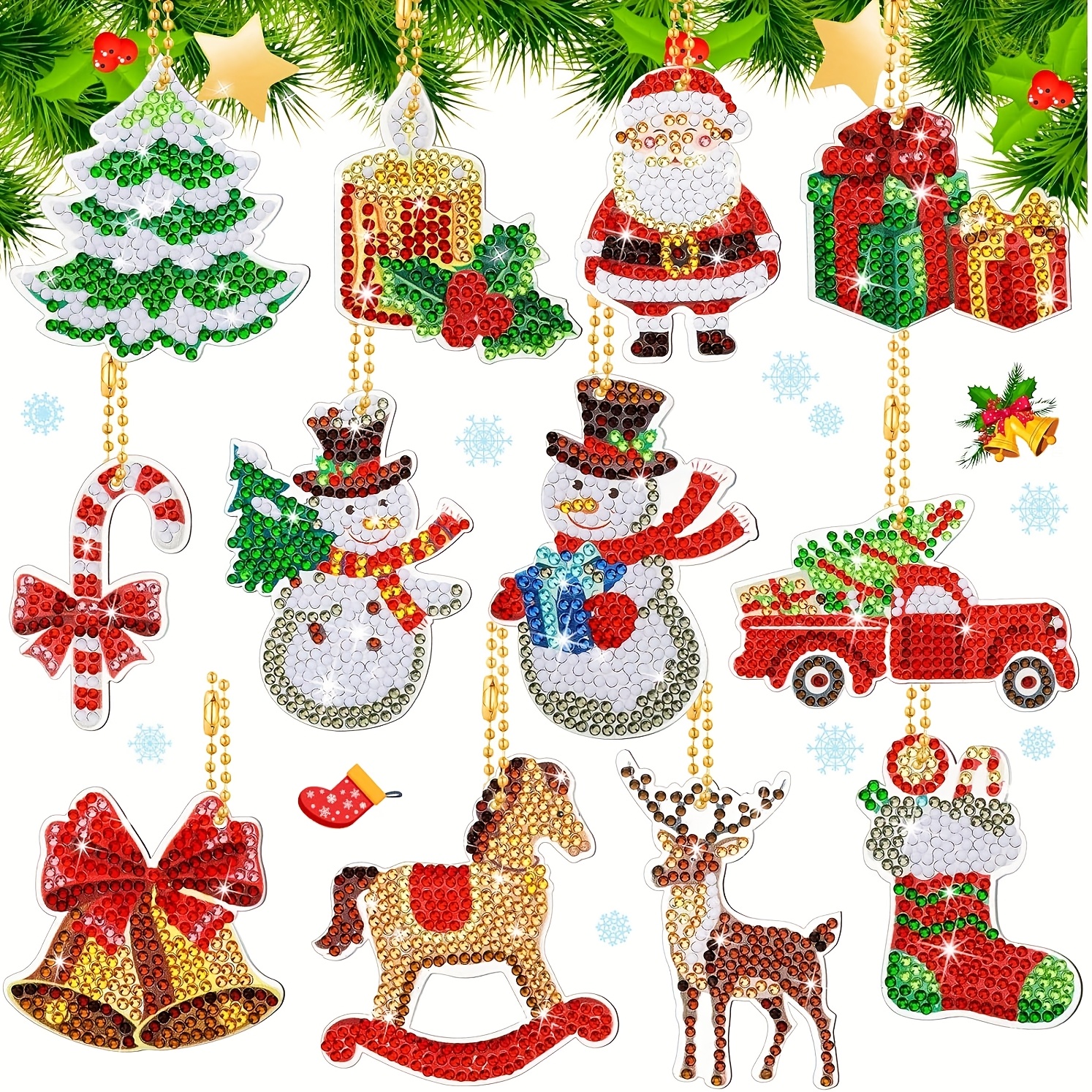 TEMU Ensemble de 12 peintures de Noël en diamant 5D, ornements suspendus, porte-clés, art , décoration intérieure de