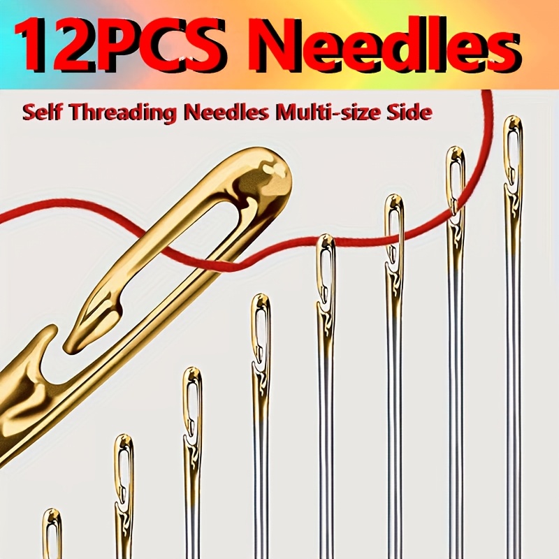 

12pcs Stainless Steel Sewing Needles With Side Hole, Blind Hand Sewing Pins For Elderly, Diy Self-threading Stitching Needle Set - White, Box, Home