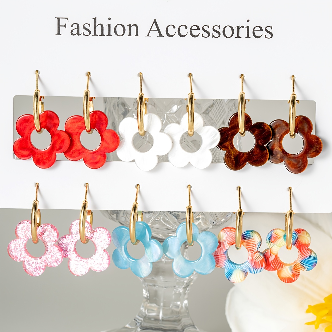 TEMU Ensemble de 6 paires de boucles d'oreilles fleurs en acrylique de couleurs assorties (Style combinaison multicolore)
