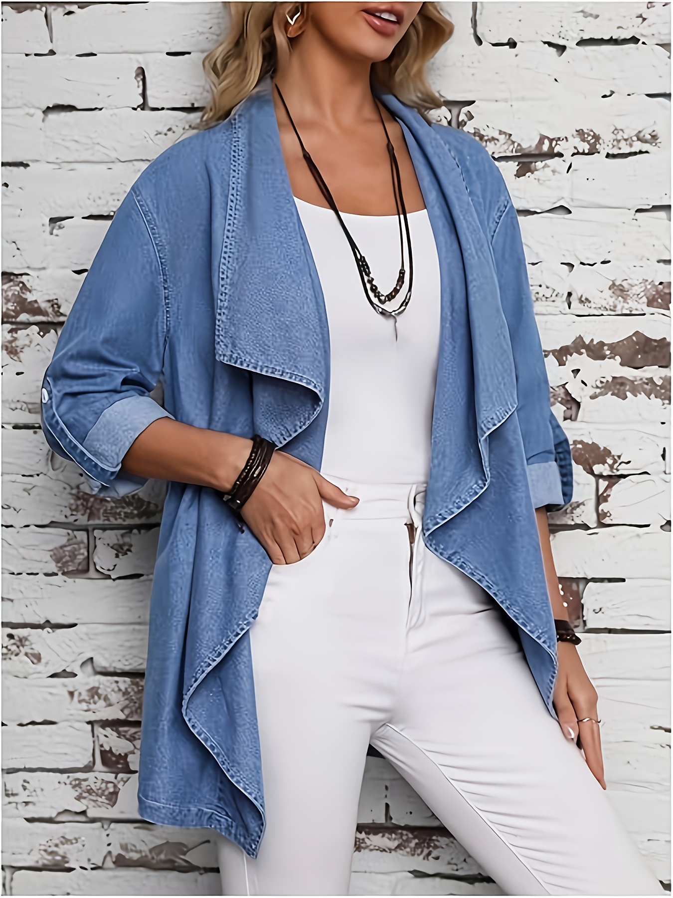 womens plus size casual denim jacket open front long sleeve Temu