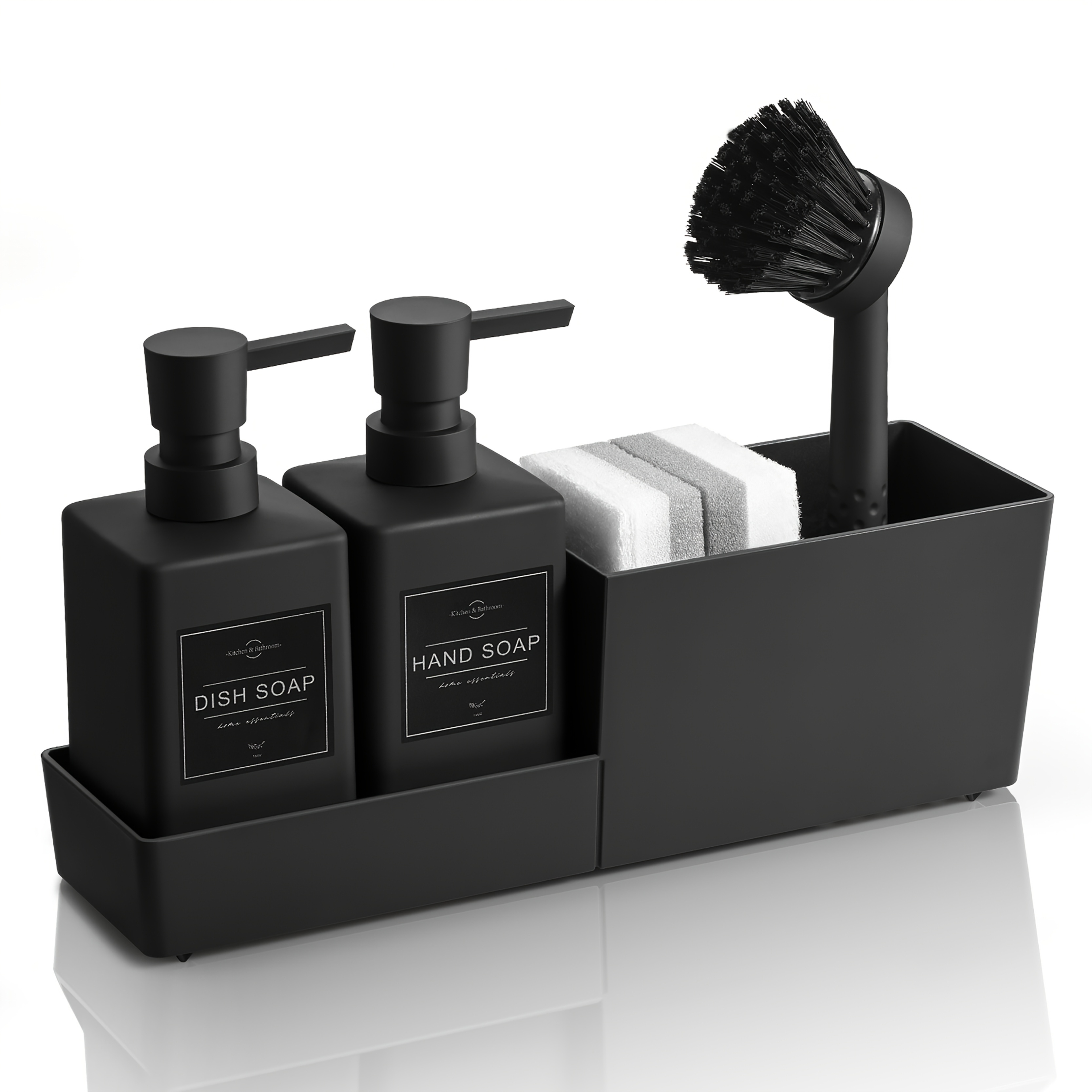 Image of Matte Double Soap Dispenser Set, With Sponge Holder And Brush, Independent Countertop Storage Box, Suitable For Kitchen Cleaning, Modern , 2 Compartments Can Store Sponges And Brushes