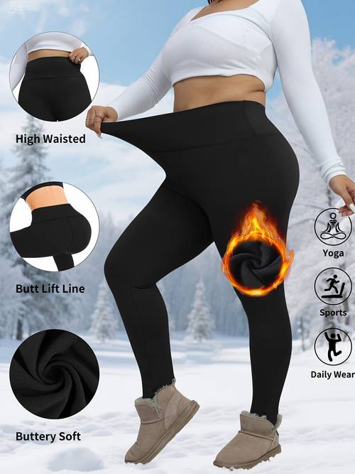plus size womens high waisted thermal lined yoga pants tummy control leggings with full body high base layer for gym fitness workout wear solid color non sheer
