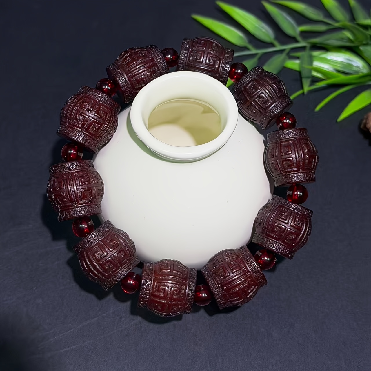 Unisex Natural Amber Bead Bracelet, Old Wax Carving Style