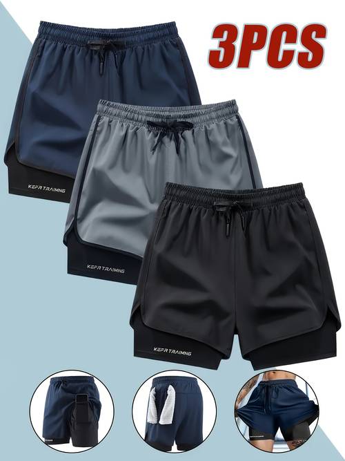 3 shorts deportivos de capa para hombre, ideales para entrenar en el gimnasio, sentarse sin irritación, correr , transpirables y anti-sudor, de rápido que absorbe la humedad, elasticidad, movimiento libre, para del deporte, opción