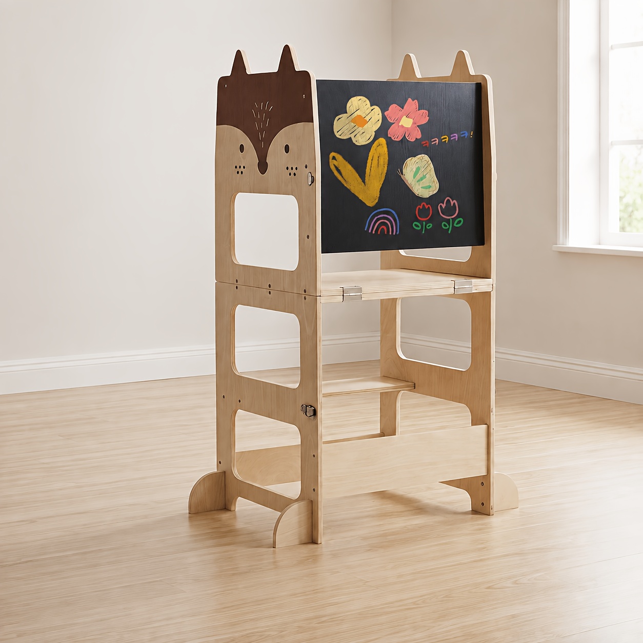 Image of 3-in-1 Toddler Learning Tower, Wooden Step Stool With Chalkboard, Convertible Kids Table And Chair Set, Double Steps, Wide Base, Fox Design