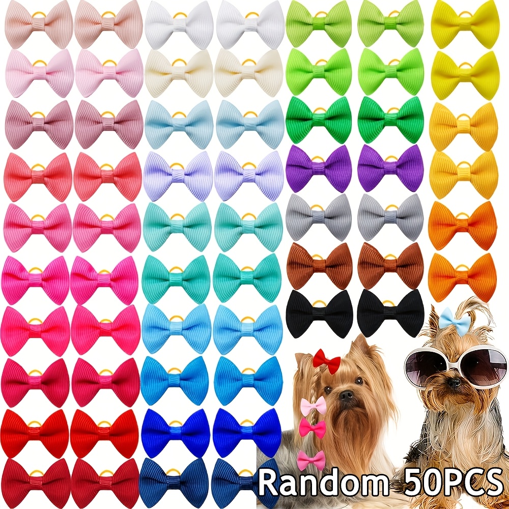 TEMU Random 50pcs Solid Bows With Rubber Bands Handmade Small Dog Bows Pet Dog Grooming Accessories Dog Bowknots Long-hair Pet Supplies