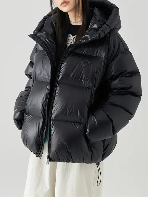 여성용 두꺼운 흰색 거위털 후드 재킷 - 포켓이 있는 따뜻하고 포근한 겨울 코트, 블랙, 캐주얼 스타일, 루즈핏, 90% 흰색 거위털, 긴 소매, 지퍼 클로저