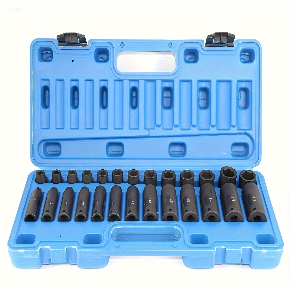 

26pcs 3/8 Inch Metric Air Impact Socket Set, Socket Wrench Set, Cannon Wind Socket With Hole Impact Socket Kit Crv Steel Deep Standard Socket 6 Point Reinforced Construction Metric 9mm To 30mm