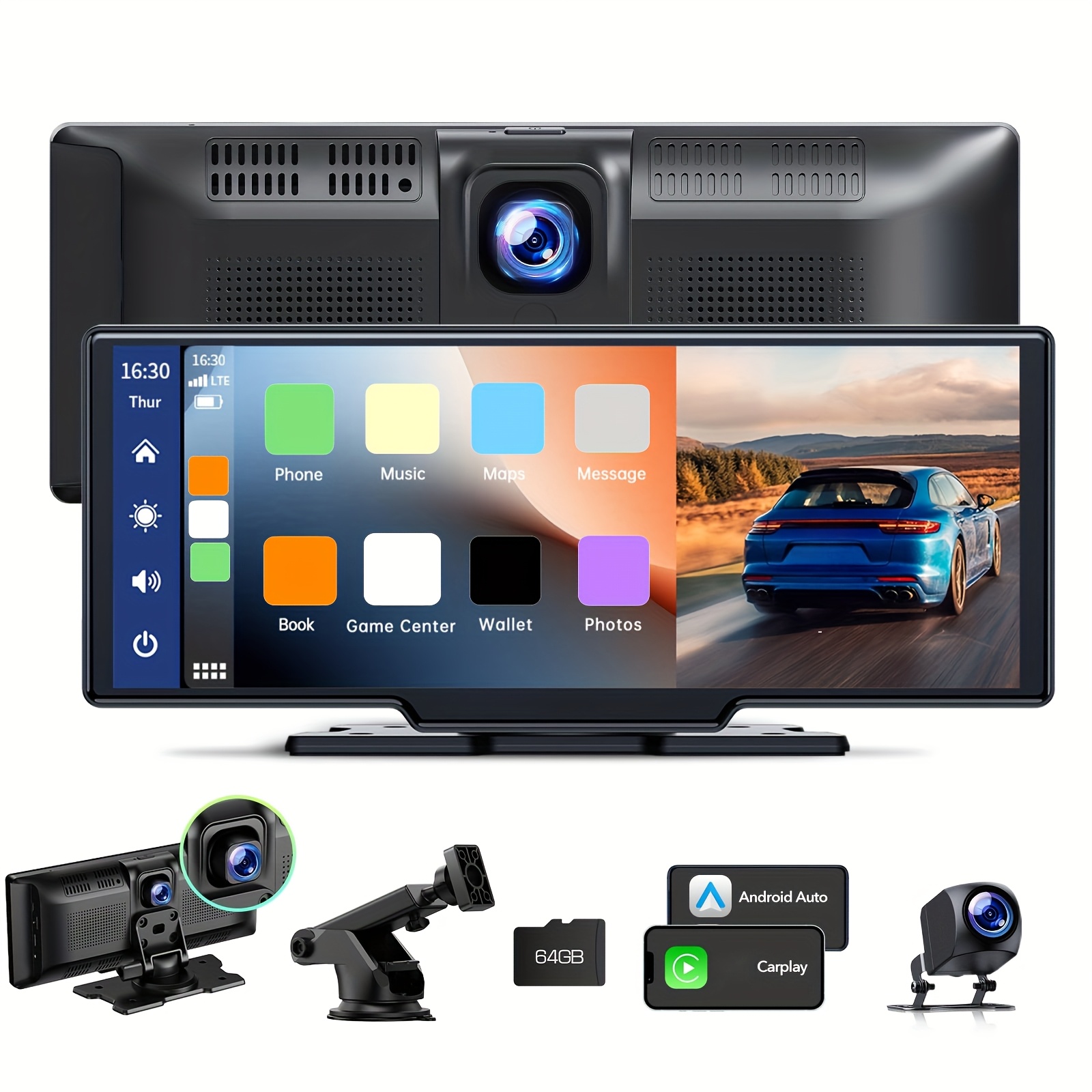 TEMU Lamtto 10.25" Screen With 2.5k Dashcam, 1080p Backup Camera, Gps Navigation, , Voice Control, 64gb Sd Card - Compatible With Carplay & Android