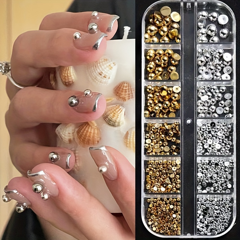 

12-grid Golden & Silvery Pearl Nail Art Charms - 3d Mixed Size Beads For Diy Manicure, Foot & Hand Care Accessories Nail Charms Nail Accessories