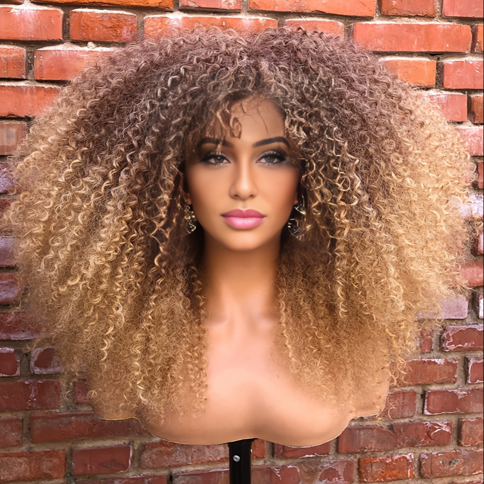 TEMU Afro Curly Wig With Bangs Synthetic Fiber Glueless Long Hair Wigs, Machine Made Glueless Heat Resistant Synthetic African Wig Ombre Blonde Mixed