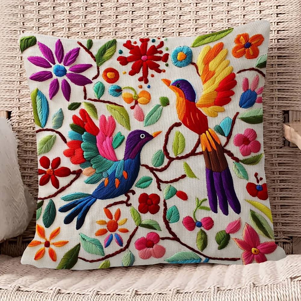 

1pc Vintage Mexican Embroidery Throw Pillow Cover, 18x18 Inch, Machine Washable, Polyester, Zipper Closure, Woven, Decorative For Room Types, Seasonal Accent Without Embroidery