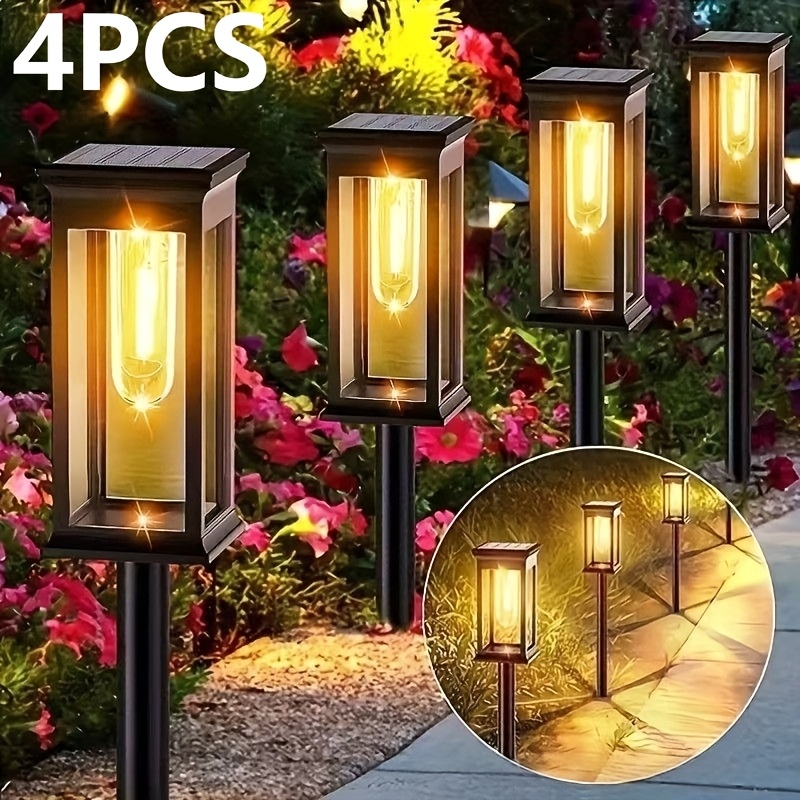 Image of 4pack Solar Outdoor Lights, Ip65, Upgraded Warm White Bulb Solar Lights Outdoor, Auto Solar Pathway Lights Garden Decorations Outside Yard Pathway Patio Lawn